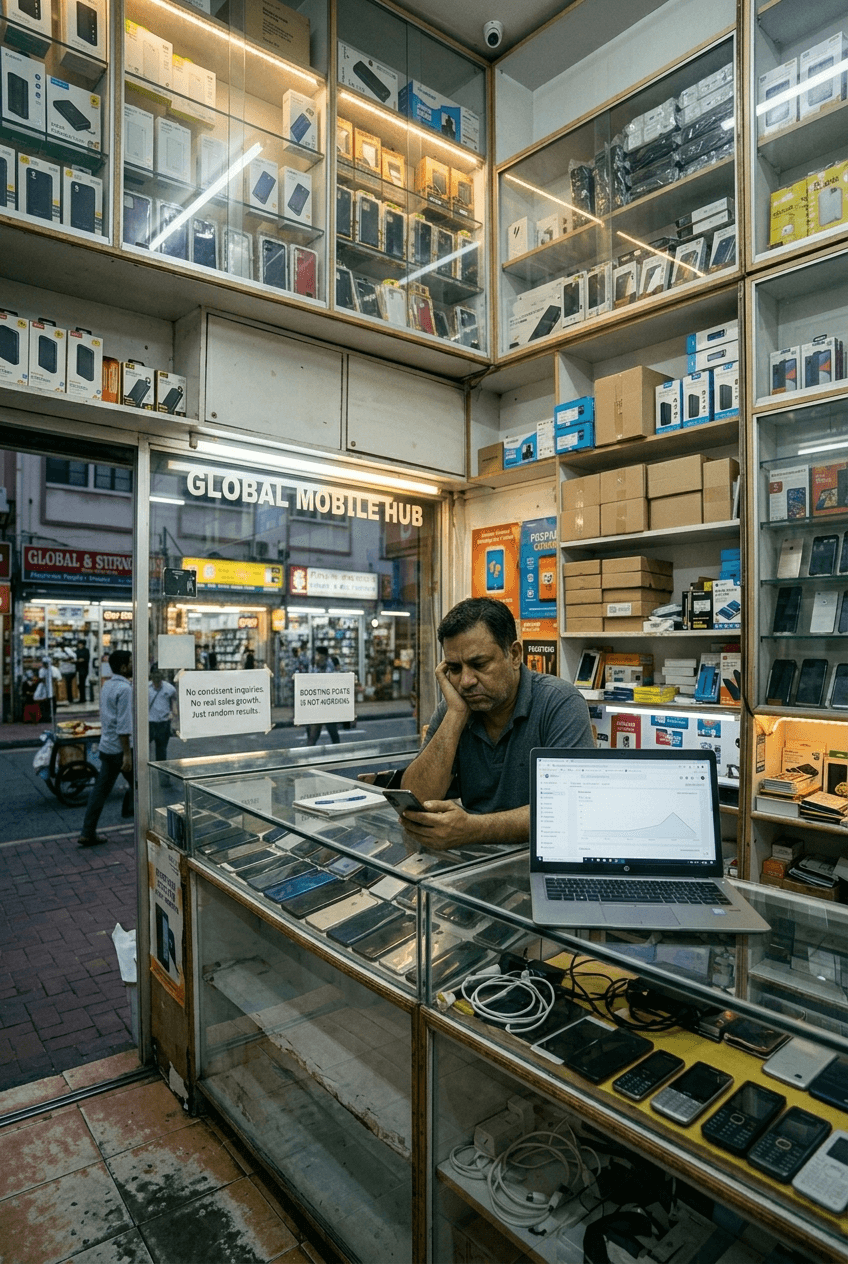 Frustrated business owner in a mobile shop looking at poor marketing results